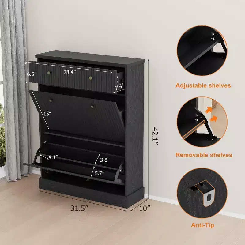 Shoe Cabinet with 2 Flip Drawers & 1 Top Drawer, Modern Narrow Storage Organizer with Adjustable and Removable Shelves