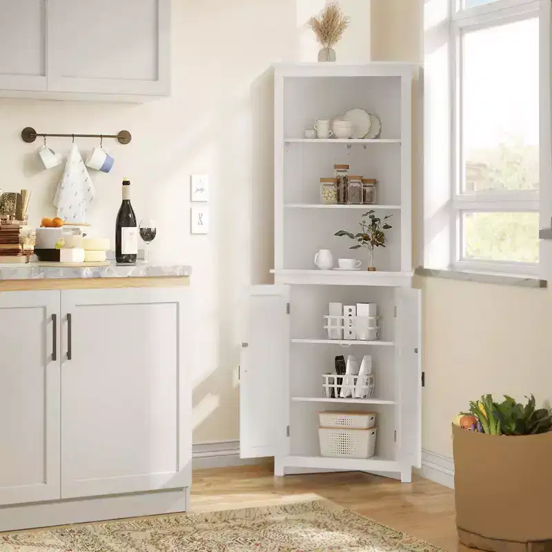 64 Tall Farmhouse Corner Cabinet with 2 Barn Doors and Adjustable Shelves for Bathroom, Dining Room, Kitchen, White