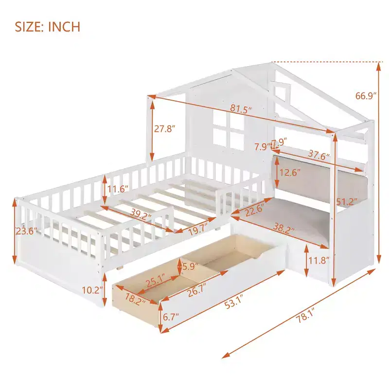 Bellemave Twin Size House Bed with Sofa, Kids Platform Bed with Two Drawers and Storage Shelf, White