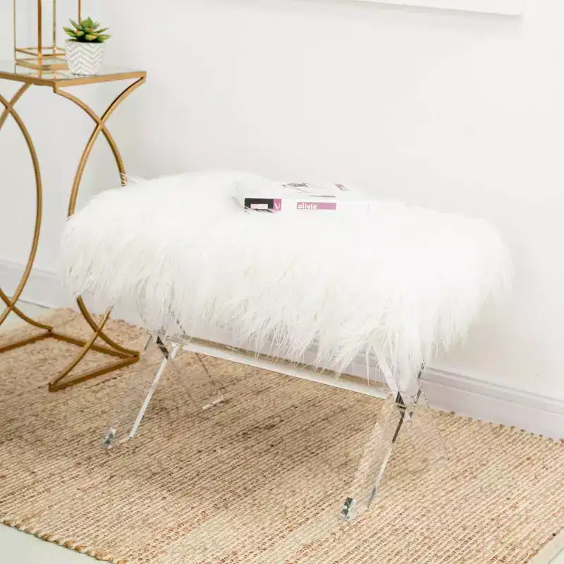 26" Faux Fur Upholstered Bench with Acrylic X Leg White - Glitzhome