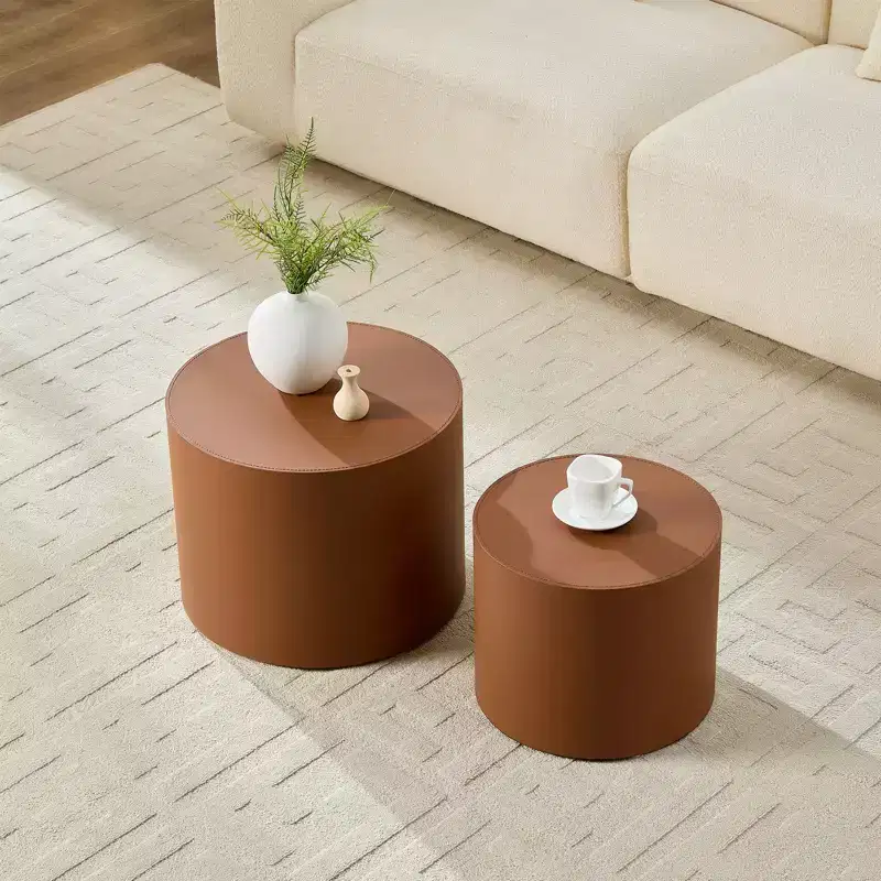 GDFStudio Ediva Modern 2 Piece Saddle Leather and Wood Accent Table Set