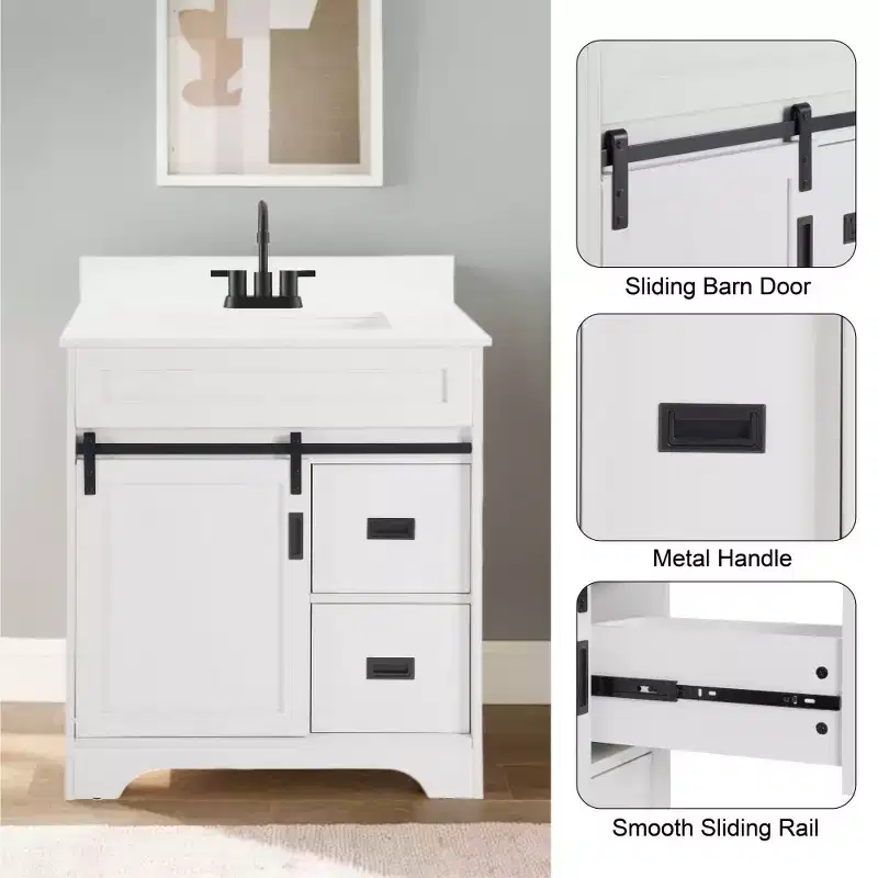 Bestier 30 White Farmhouse Bathroom Vanity with Sliding Barn Doors, 2 Drawers, Freestanding Vanity with Protective Backsplash