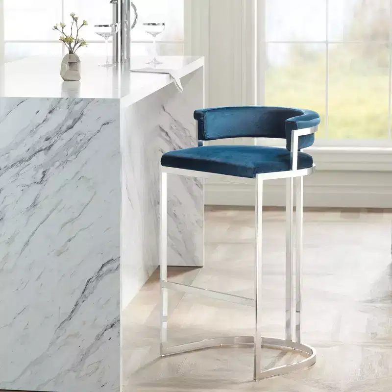 Studio 55D Jazmin Polished Stainless Steel Bar Stool Silver 31 High Modern Blue Cushion with Low Backrest Footrest for Kitchen Counter Height Island