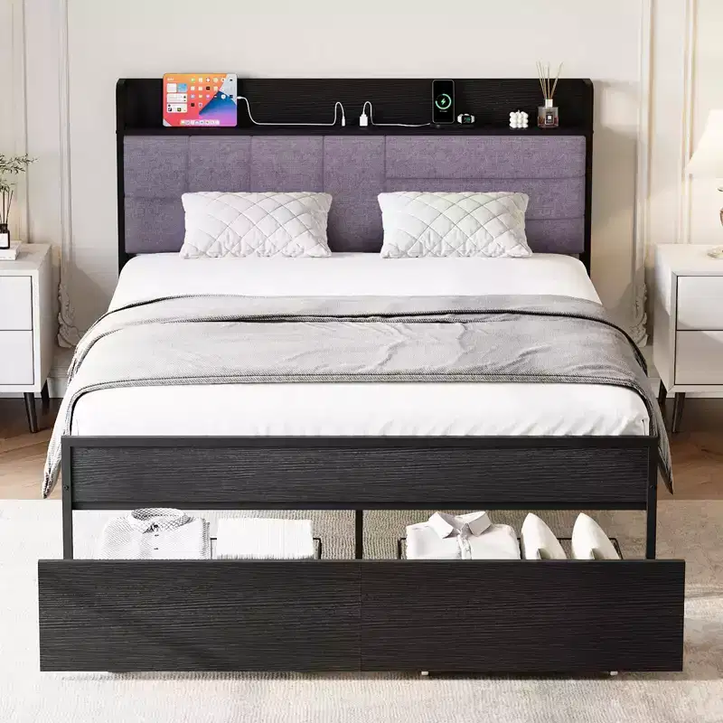 Queen Platform Bed Frame with Storage Drawers and Charging Station
