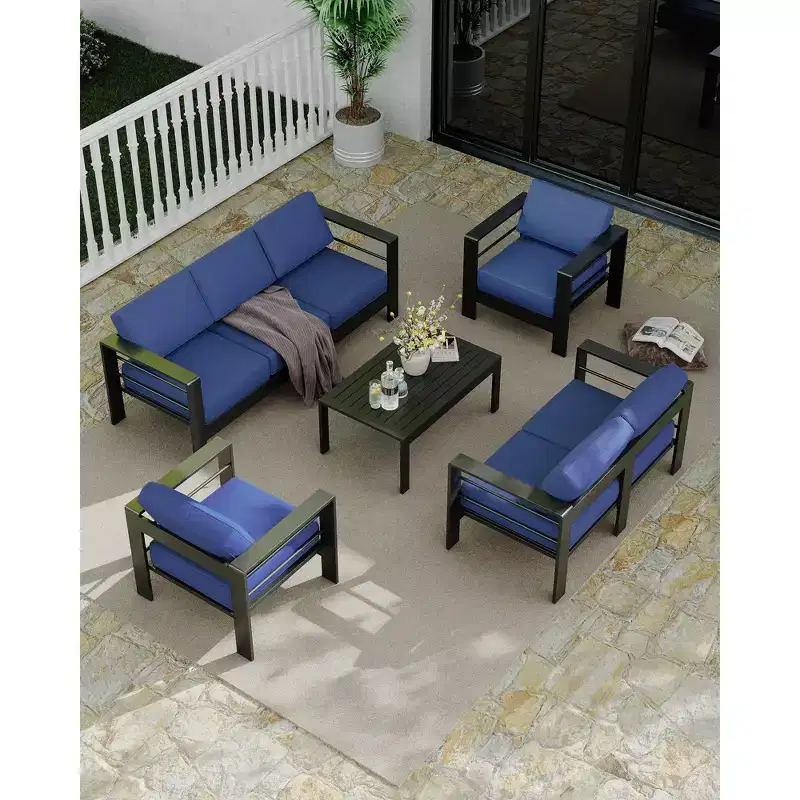 7 Seats Aluminum Patio Furniture Set, 5 Pieces Outdoor Sectional Conversation Set Sectional Sofa with 4 Armrest & 5 Thick Cushions & Coffee Table