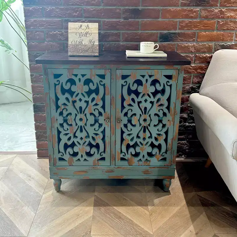eHemco Rustic Accent Distressed Cabinet with 2 Doors with Dual Storage Shelf for Living Room and Entryway, Teal