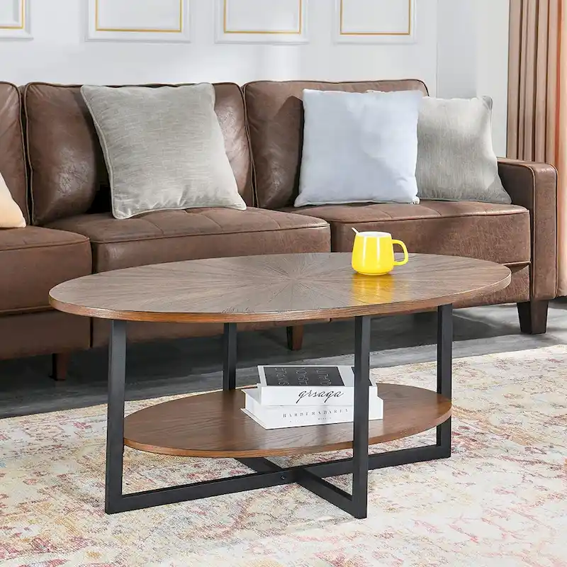Solid Wood Oval Coffee Table with Cross Metal Legs