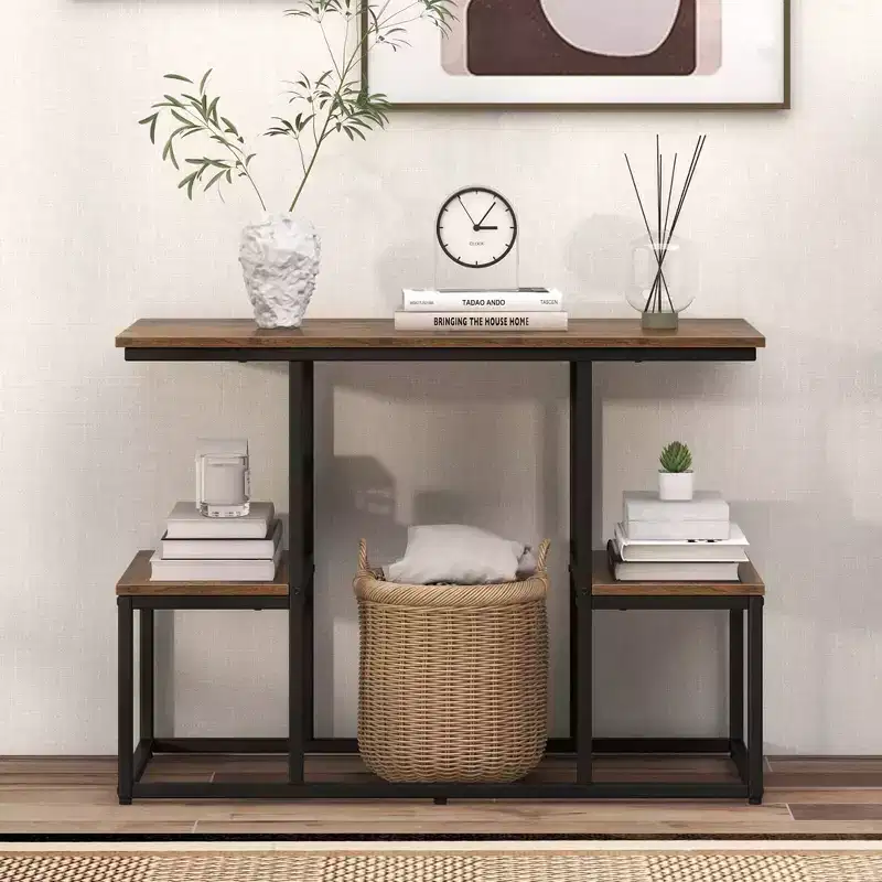 Costway Rustic TV Console Table for 50 TVs Industrial Sofa Table with Open Storage Shelves Rustic Brown