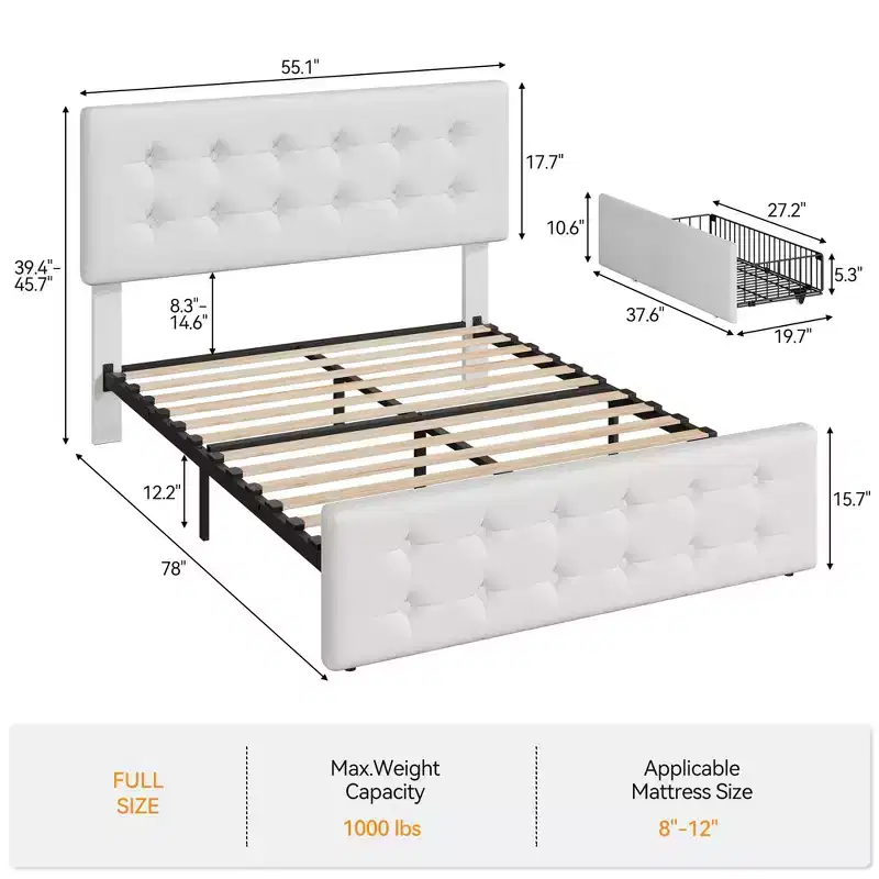 Bed Frame with 4 Storage Drawers and Headboard, Faux Leather Upholstered Platform Bed Frame with Wooden Slats Support, No Box Spring Needed