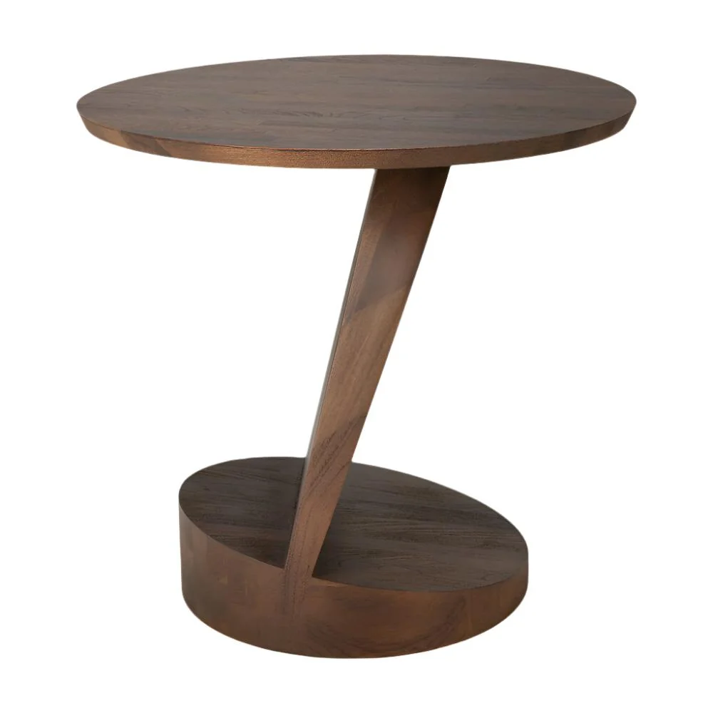 Sculptural Solid Teak Wood Side Table with Round Top & Dynamic Negative-Space Base for Living Room