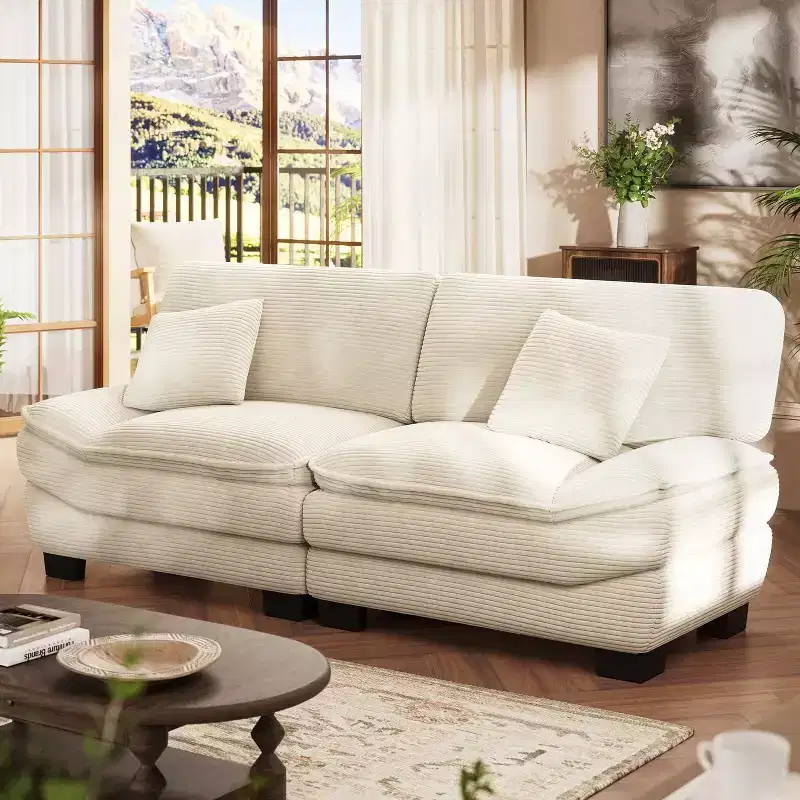 Beige 87 Corduroy Couch with 2 Pillows, Sailboat-Shape Deep Seat Sofa for Living Room, Small Space, Office, Apartment-Morden Fort