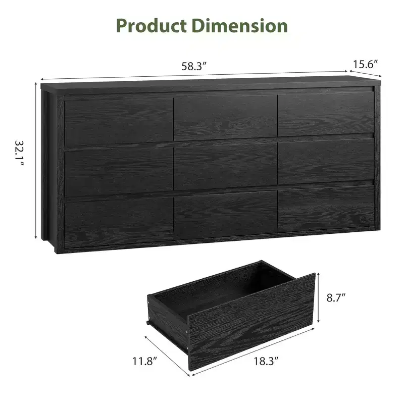 9 Drawer Dresser for Bedroom, 58W Wooden Chest of Drawers, Double Drawer TV Stand, Clothes Storage Organizer for Closet Hallway Bedroom