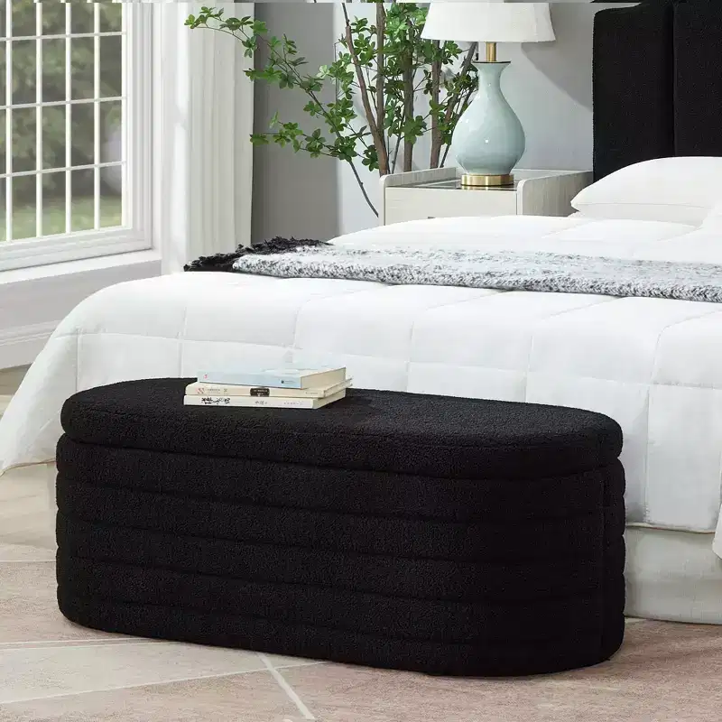 TUYOHW Modern Storage Ottoman Bench, Upholstered Bed Bench with Storage, Bed Stool with Safety Hinge for Bedroom, Black
