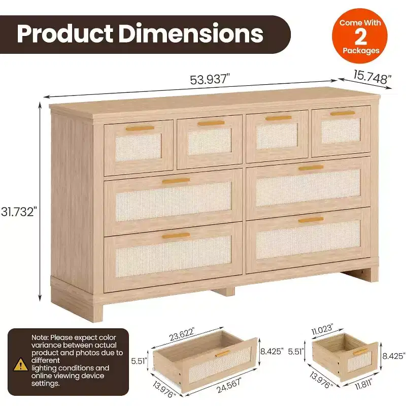 8 Drawer Rattan Chest, Wood Boho Modern, Storage Organizer for Closet, for Bedroom, Closet, Living Room