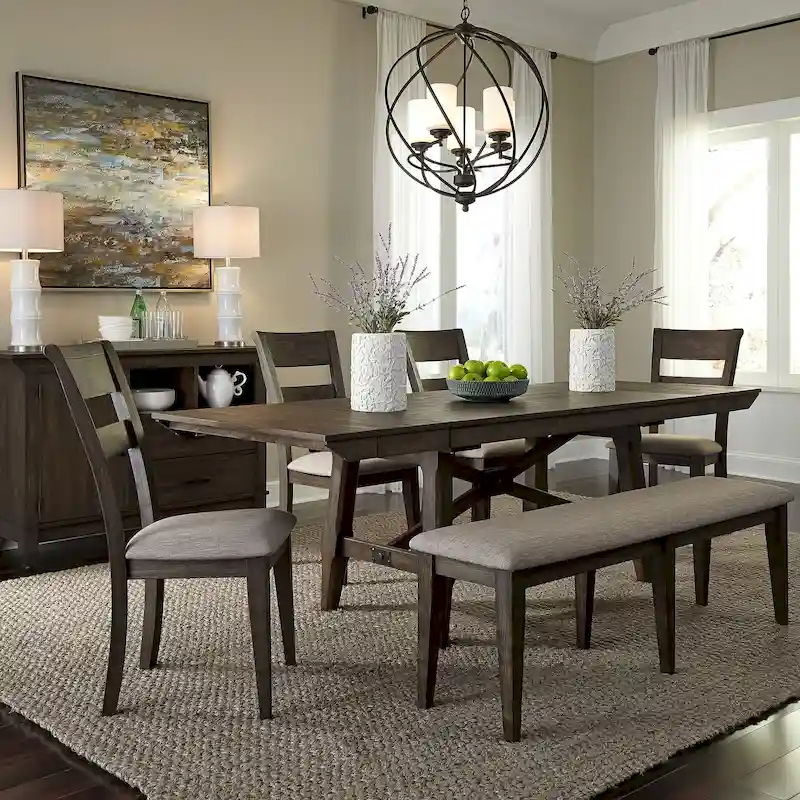 Double Bridge Dark Chestnut Trestle Table Set