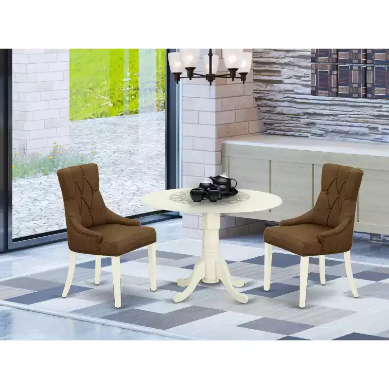HomeStock Round Dining Table Set Linen White Parson Chairs Modern
