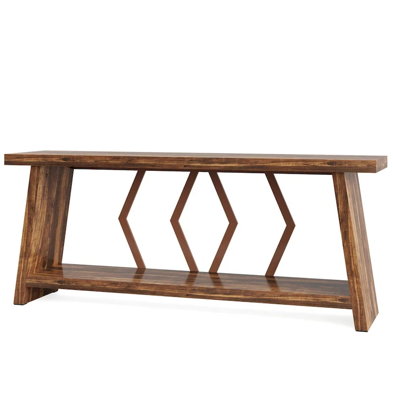 Accent Table with 2 Foldable Corn Husk Baskets – Faux Marble Top, Dark Chocolate