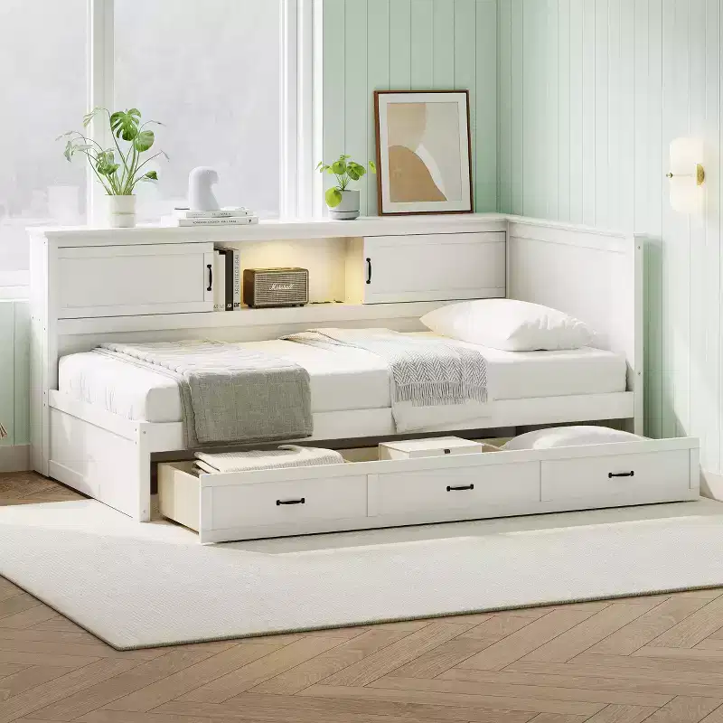 Twin/Full Size L-Shaped Daybed Captain Bed with Drawers, Bookcase, Led Downlight, AC Outlets and USB Ports, White