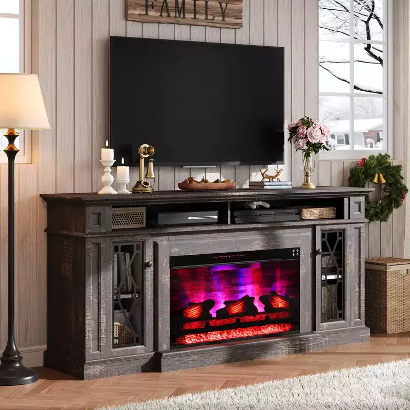 Farmhouse Heavy Fireplace TV Stand with 33 Electric Fireplace, for 80 TVs up