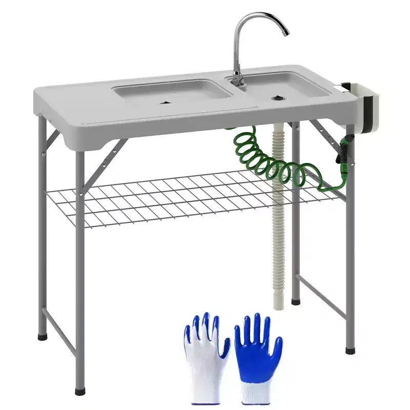 Fish Cleaning Table with Sinks, Portable Camping Sink Table with Faucet, Drainage Hose, Sprayer, Shelf, Drawer and Storage Basket