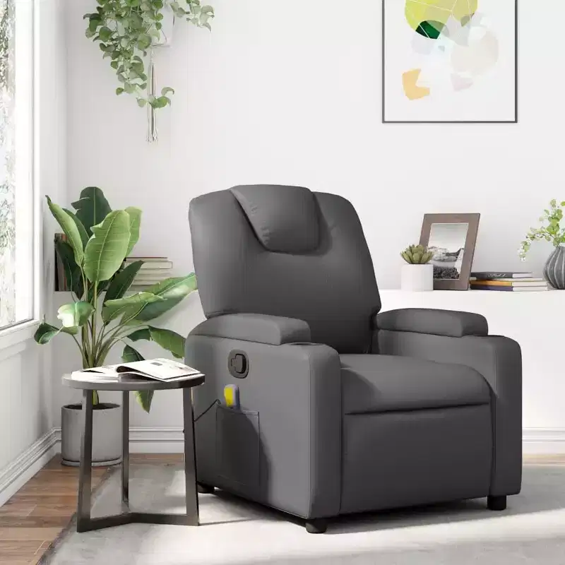 vidaXL Grey Massage Recliner Chair Faux Leather, Metal, Plywood Single