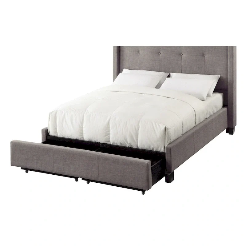 Queen Platform Bed – Grey, Tufted Linen, Low Profile, 2 Footboard Storage Drawers, Sleeps 1