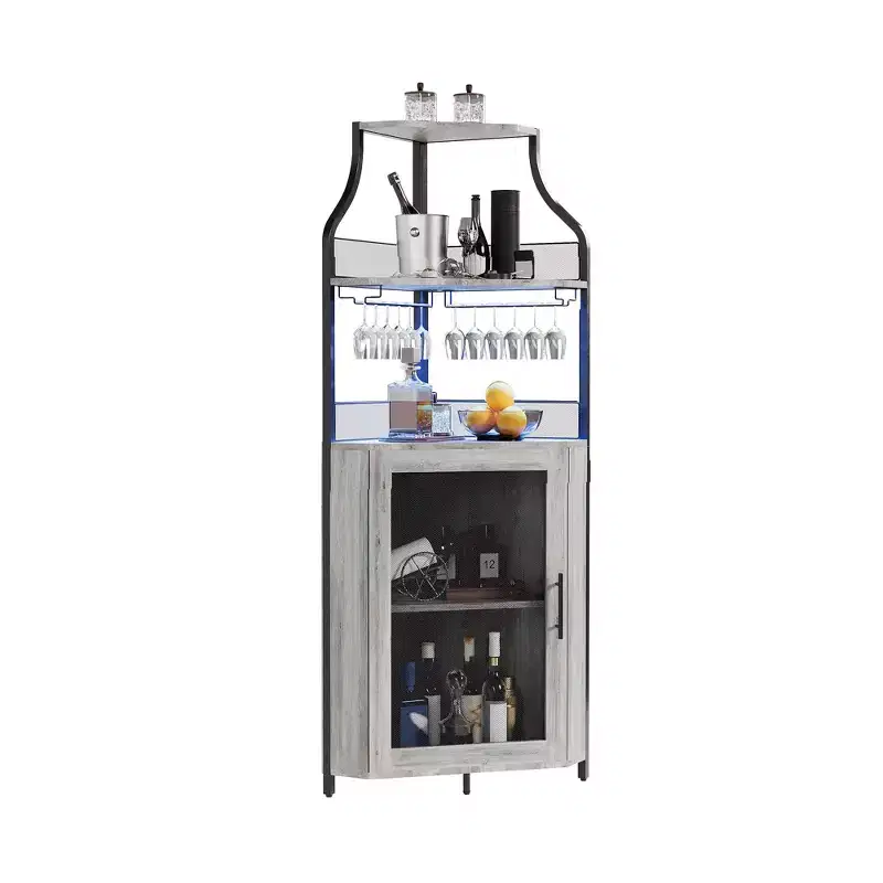 Corner Wine Bar Rack Cabinet with Detachable Wine Rack - Bar Cabinet with Glass Holder, Small Sideboard, Buffet Cabinet with Mesh Door