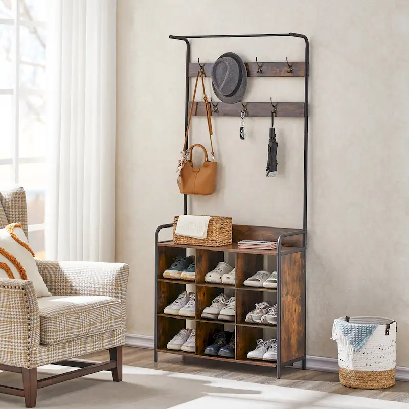 Antique Brown Wooden 3 in 1 Hall Tree, Entry Shoe Rack with Clothes Rack and 7 Hooks