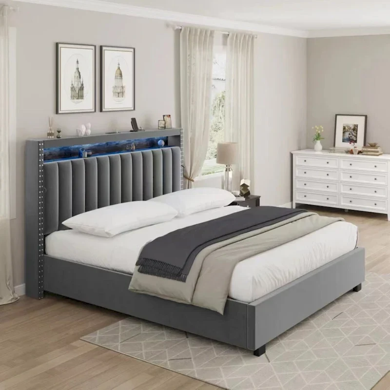 Blue / Grey Queen Size Gas Lift Storage Bed with LED Lights