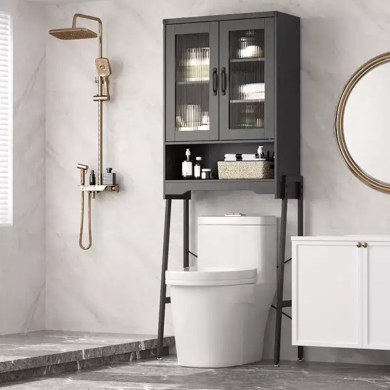 Over The Toilet Storage Cabinet with Tempered Glass Doors & Adjustable Shelf (Black)