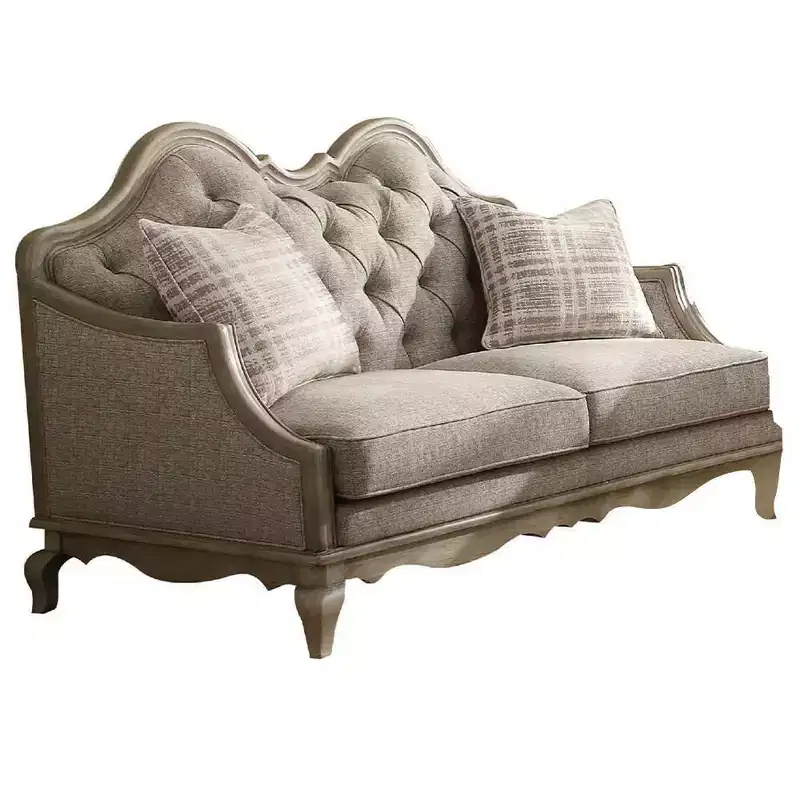 Tufted Loveseat Beige Fabric Upholstered Camelback Sofa Antique Taupe Wood Legs