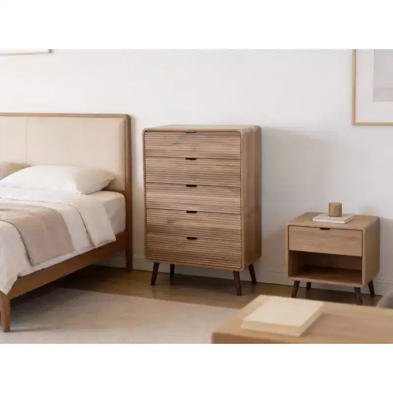 White & Walnut 5-Drawer Nightstand with Hidden Storage – Single