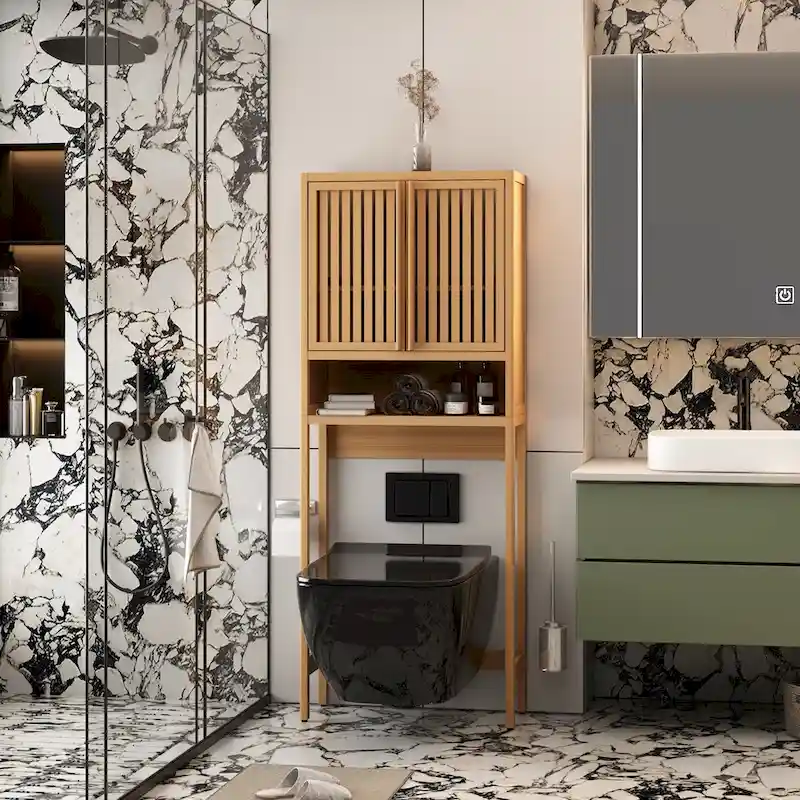 Bamboo Freestanding Bathroom Storage Cabinet – Natural, Open Shelf & Louvered Doors