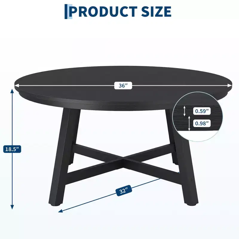 36 Round Coffee Table for Living Room, Large Circle Center Table, Thick Metal Legs & Adjustable Feet, Modern Round Coffee Tables for Apartments