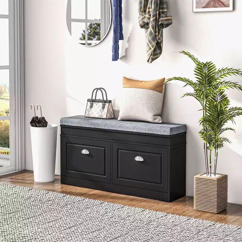 Modern Shoe Storage Bench, Entry Way Bench with Cushion, 2 Drawers, Storage Ottoman Bench, Holds 8 Pairs