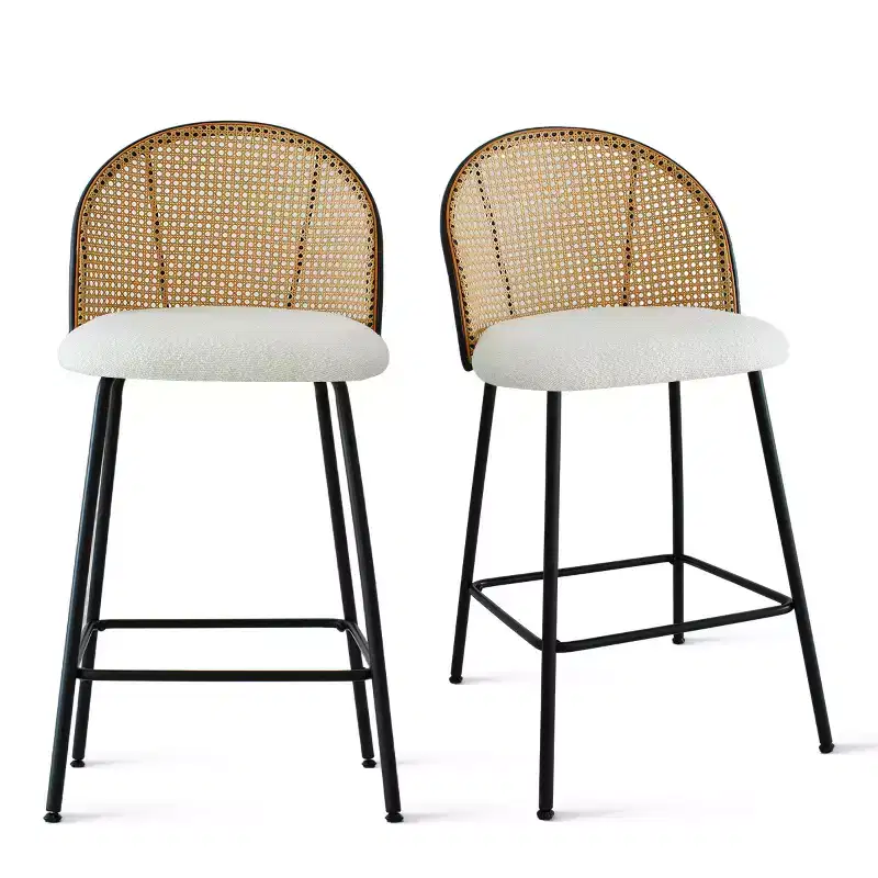 Set of 2 Modern Rattan Back Counter Stools, Armless Boucl Fabric Seats with Metal Base, Kitchen Island Stools, Breakfast Bar Chairs-Panipeachy