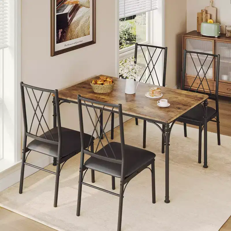CuisinSmart 5-Piece Dining Table Set, Kitchen Table and Chairs, Metal and Wood Indoor Rectangular Dining Table Furniture Set