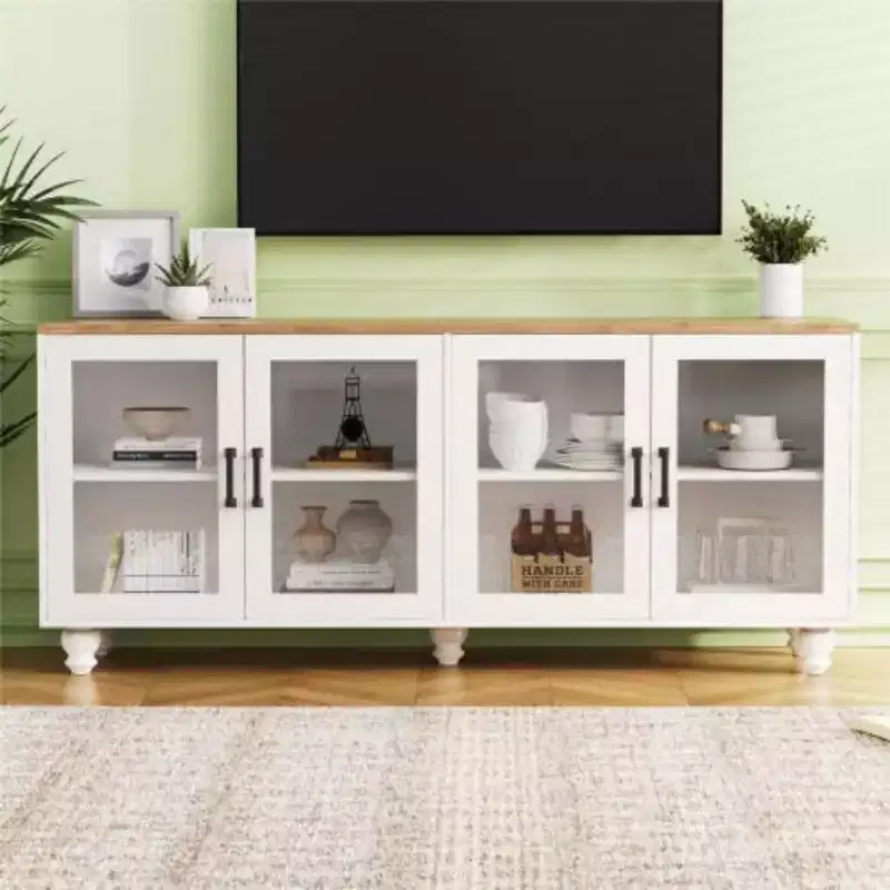 70 Farmhouse TV Stand with Glass Doors, Sideboard with Shelves, 5-Wood Leg Buffet for Living Room