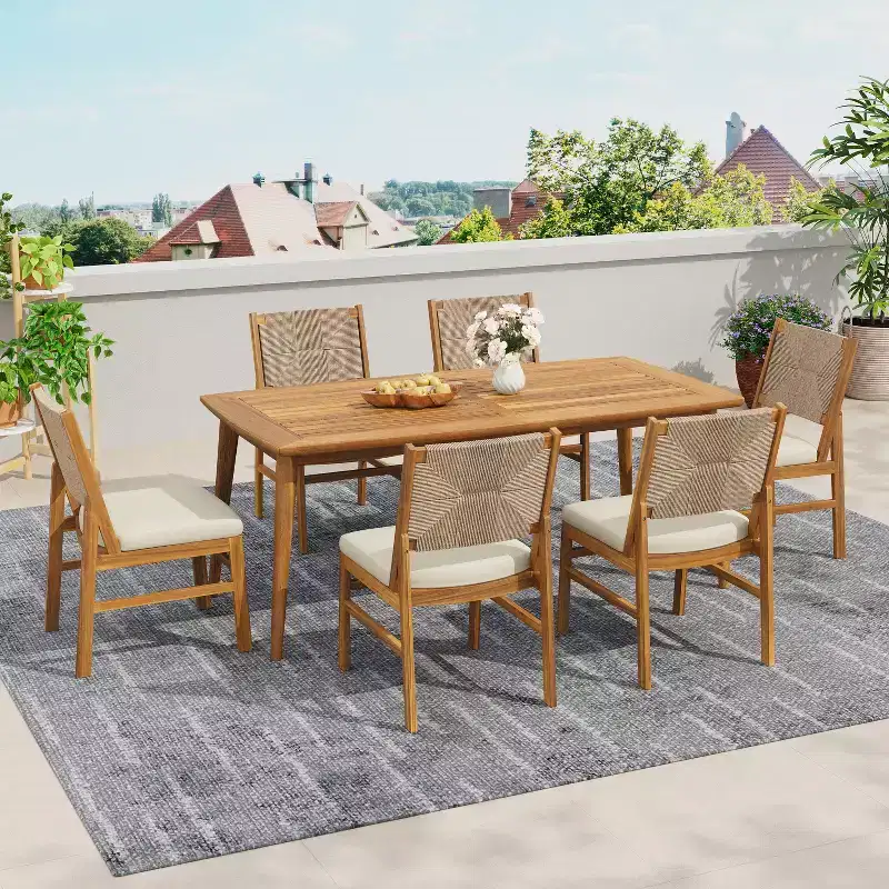 Christopher Knight Home Lucinda 7 Piece Patio Rustic Acacia Wood Dining Set with Wicker Woven Chair