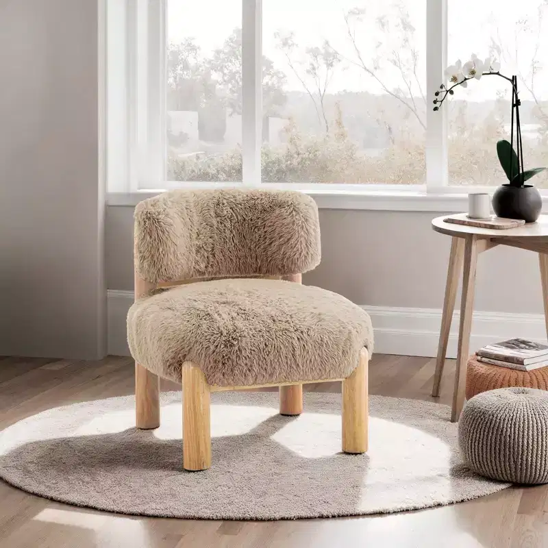 TUYOHW Modern Accent Chair,Armless Chairs with Curved Backrest,Wooden Legs,Fur Fabric Upholstered Lounge Chair for Living Room,Bedroom,Balcony