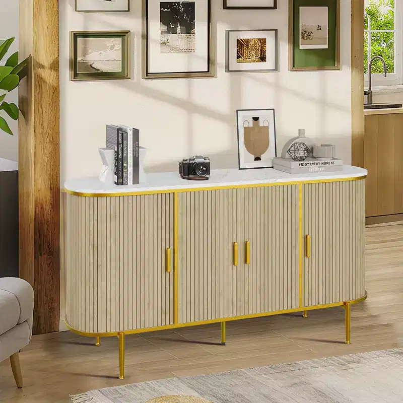59 Inch Mid-Century Modern Sideboard Buffet Cabinet, Fluted Storage Cabinet with Metal Legs, Console Table for Dining Room Living Room Entryway