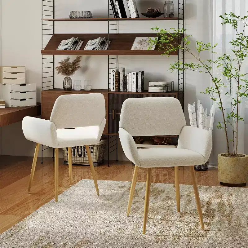 FurnitureR 2-Pack Upholstered Dining Chairs with Arms, Modern Accent Chairs with Ergonomic Curved Back and Wood-Look Legs for Kitchen & Living Room