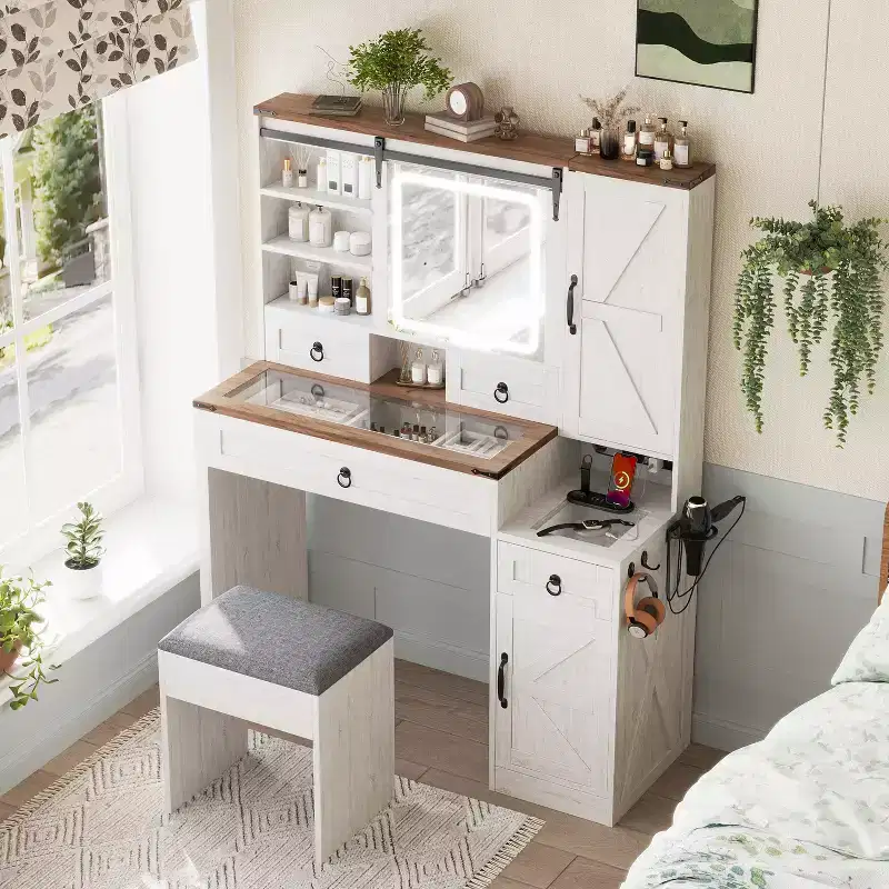 Farmhouse Makeup Vanity Desk with Sliding LED Mirror, 4 Drawers and 2 Cabinets, Charging Station, Glass Top, and Side Cabinet for Bedroom