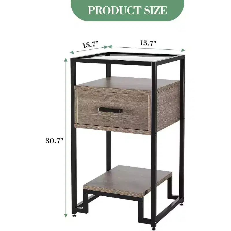 Bedroom Nightstand - Bedside Stand with Wood Drawer and Tempered Glass Top,End Table with Adjustable Legs,for Bedroom and Living Room