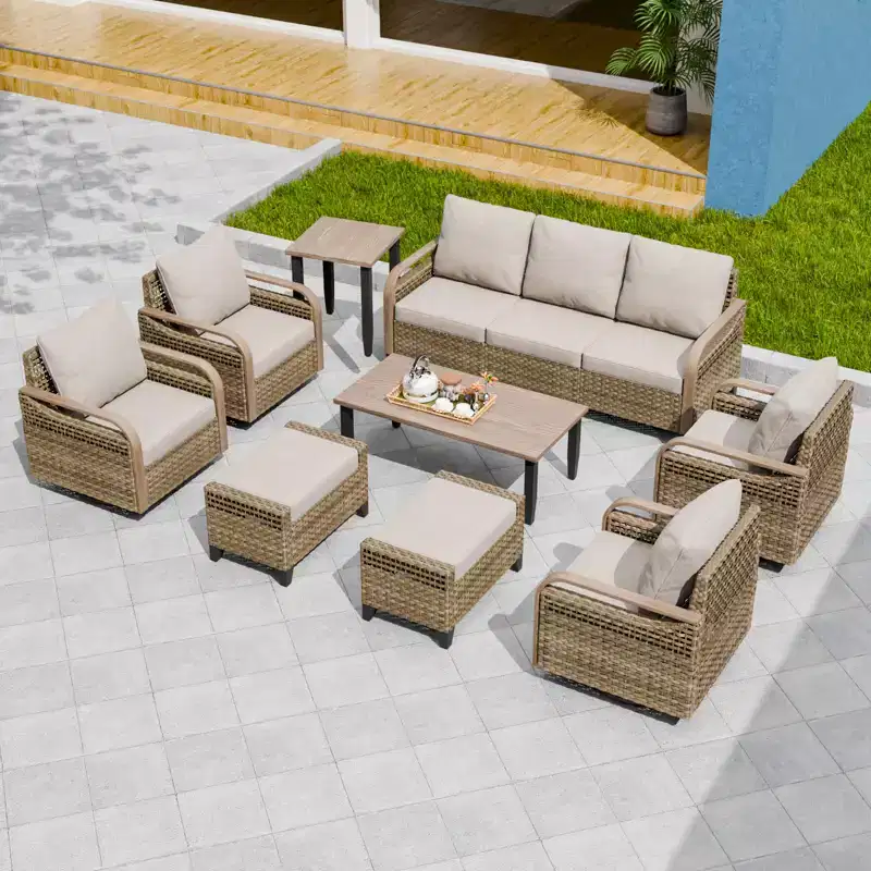 EAGLE PEAK Wicker Outdoor Patio Conversation Set, 4 Swivel Rocker Chairs, 3-Seat Loveseat, 2 Ottomans, Table, 9 Pieces