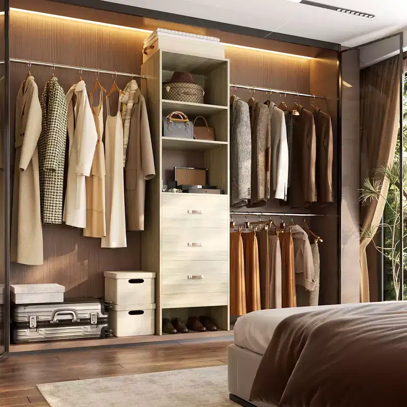 Besiost 96-In Closet Organizer with Wood Drawers, Closet System with Adjustable Hanging Rods