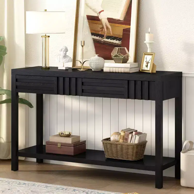 Modern Ash Veneer Console Table with 2 Drawers, Rustic Striped Entryway Table, Narrow Sofa Table - ModernLuxe