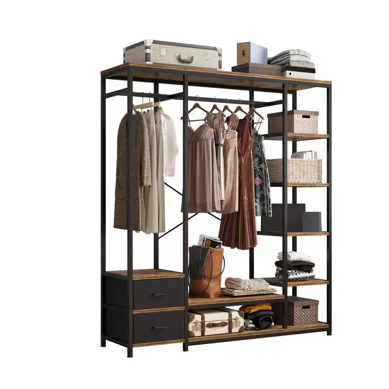 Open Wardrobe with Vintage Brown Particleboard & Black Iron Frame 59.1x15.7x70.9 Inches