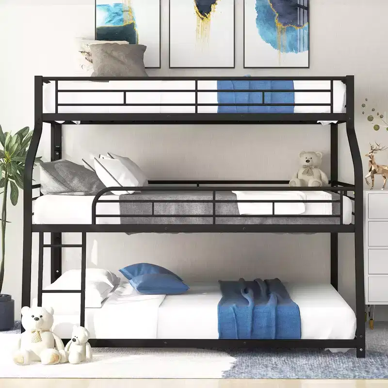 Whisen Metal Twin XL/Full XL/Queen Triple Bunk Bed with Long and Short Ladder and Full-Length Guardrails