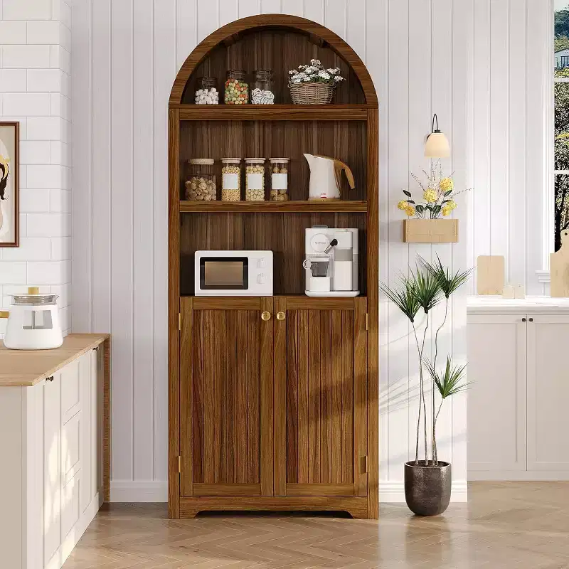 72-inch bookcase, 5-tier arched bookcase with double doors and adjustable shelves, storage function, suitable for living room, bedroom, study, office